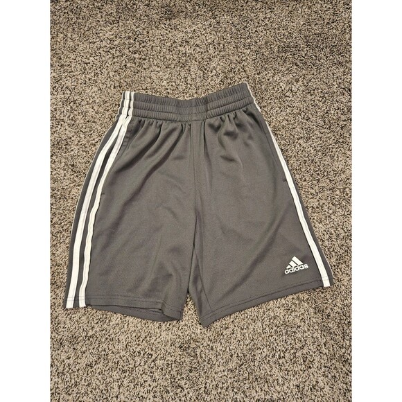 Adidas Shorts Boys M Medium 10-12 Gray White Stripe Athletic Gym Drawstring - Picture 1 of 3